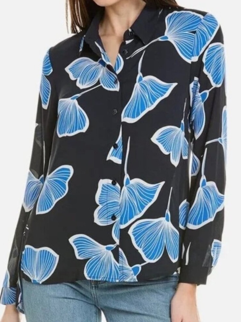 CAbi Style 6080 Floral Navy Button Front Shirt